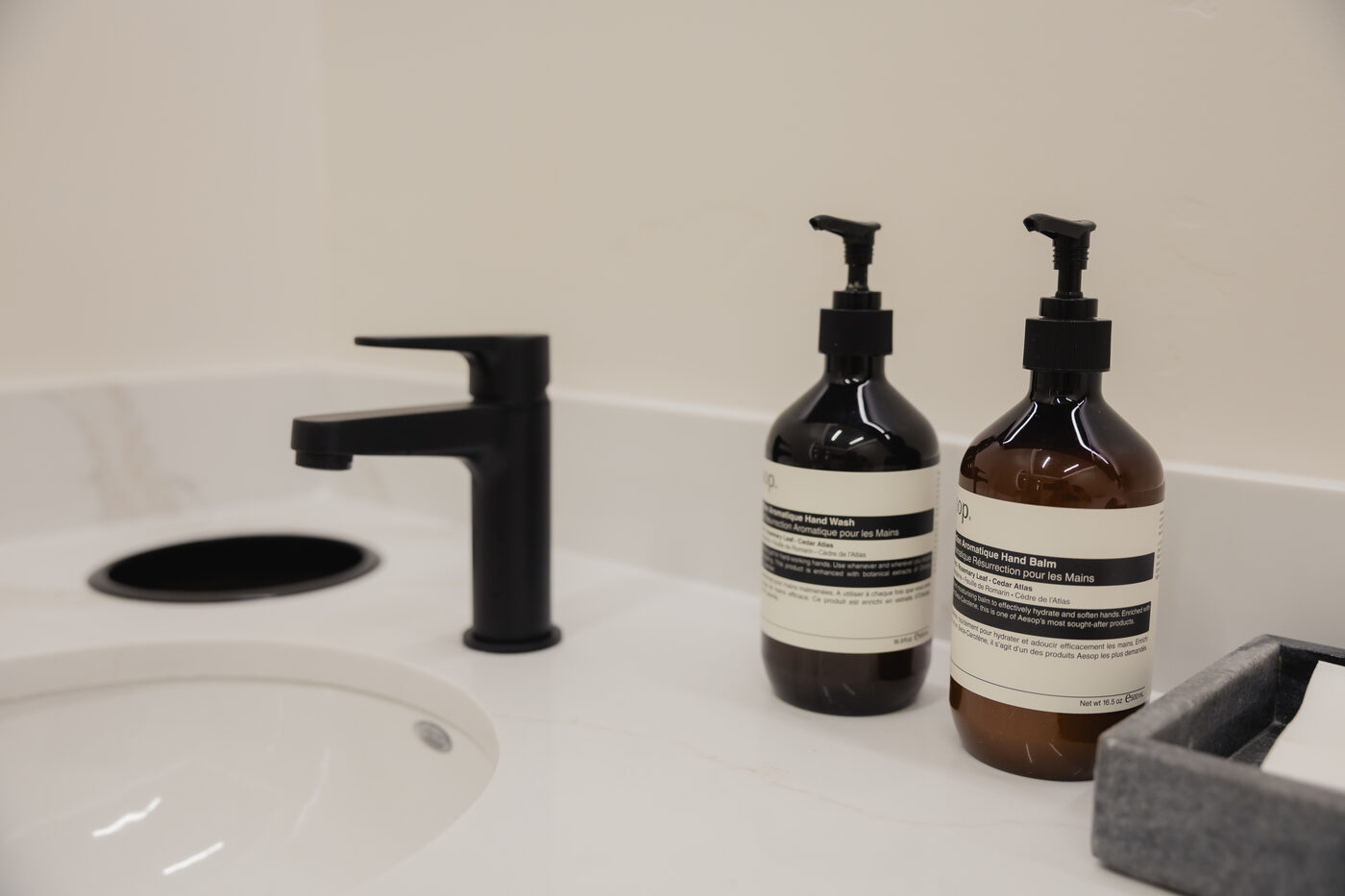 Aesop bath amenities at the vanity