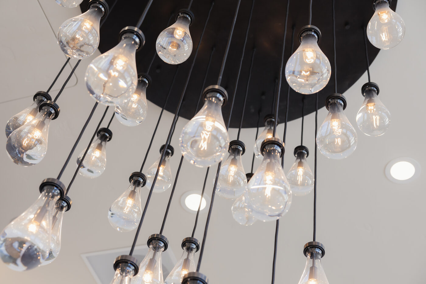 Restoration Hardware chandelier over reception